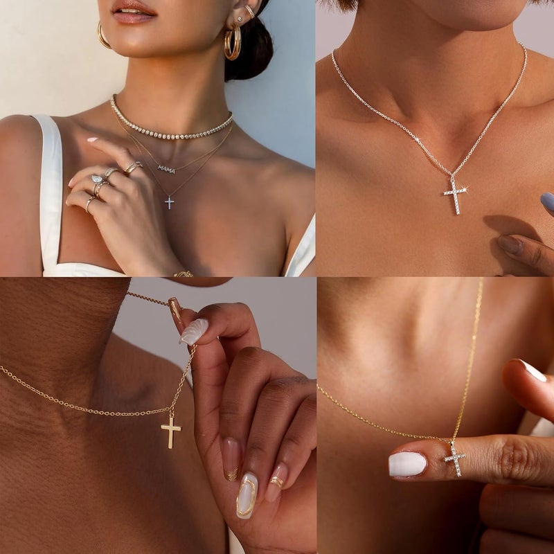 Poxtex Cross Necklace for Women Girls, Dainty 14K Gold Silver Plated Cross Choker Pendant Jewelry Non Tarnish Waterproof Trendy Cute Simple Small Necklace Easter Christian Baptism Religious Faith Jewelry Gifts - Image 5